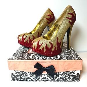 Pleaser Bordello Gold and Red Flame Heels NEW